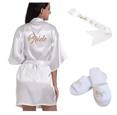 Sisbigdey 3pc set of glitter gold bride satin short bride robe slippers bridal sash peignoir women Bridal Party 2019 kimono robe