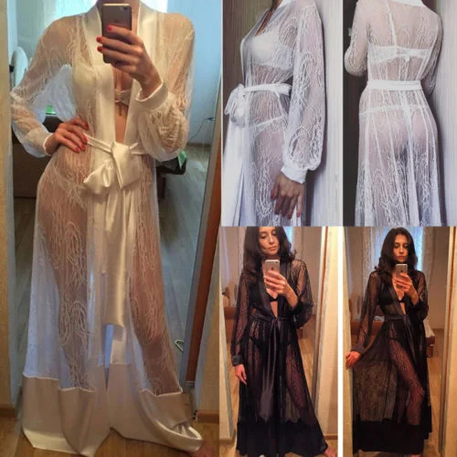 Women 2019 New Sexy Long Silk Kimono Dressing Gown Bath Robe Lace Up Babydoll Lingerie Nightdress Lace