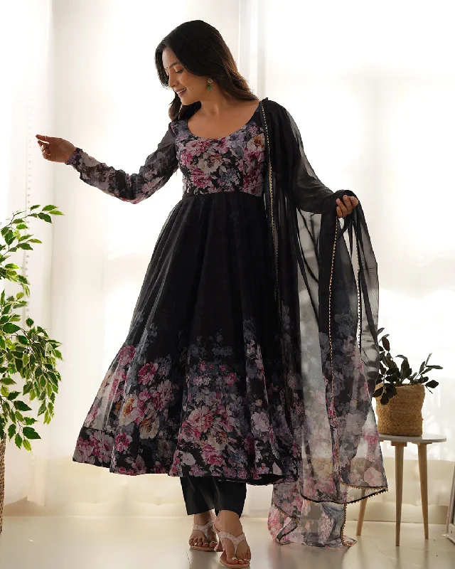 Lorenvalley Fashion Women Pure Soft Organza Silk Floral Print Fully Flair Anarkali With Pent Dupatta Set - Black