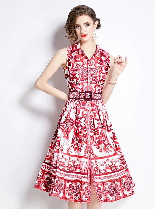 RETRO PRINTED SLIM LAPEL SLEEVELESS DRESS